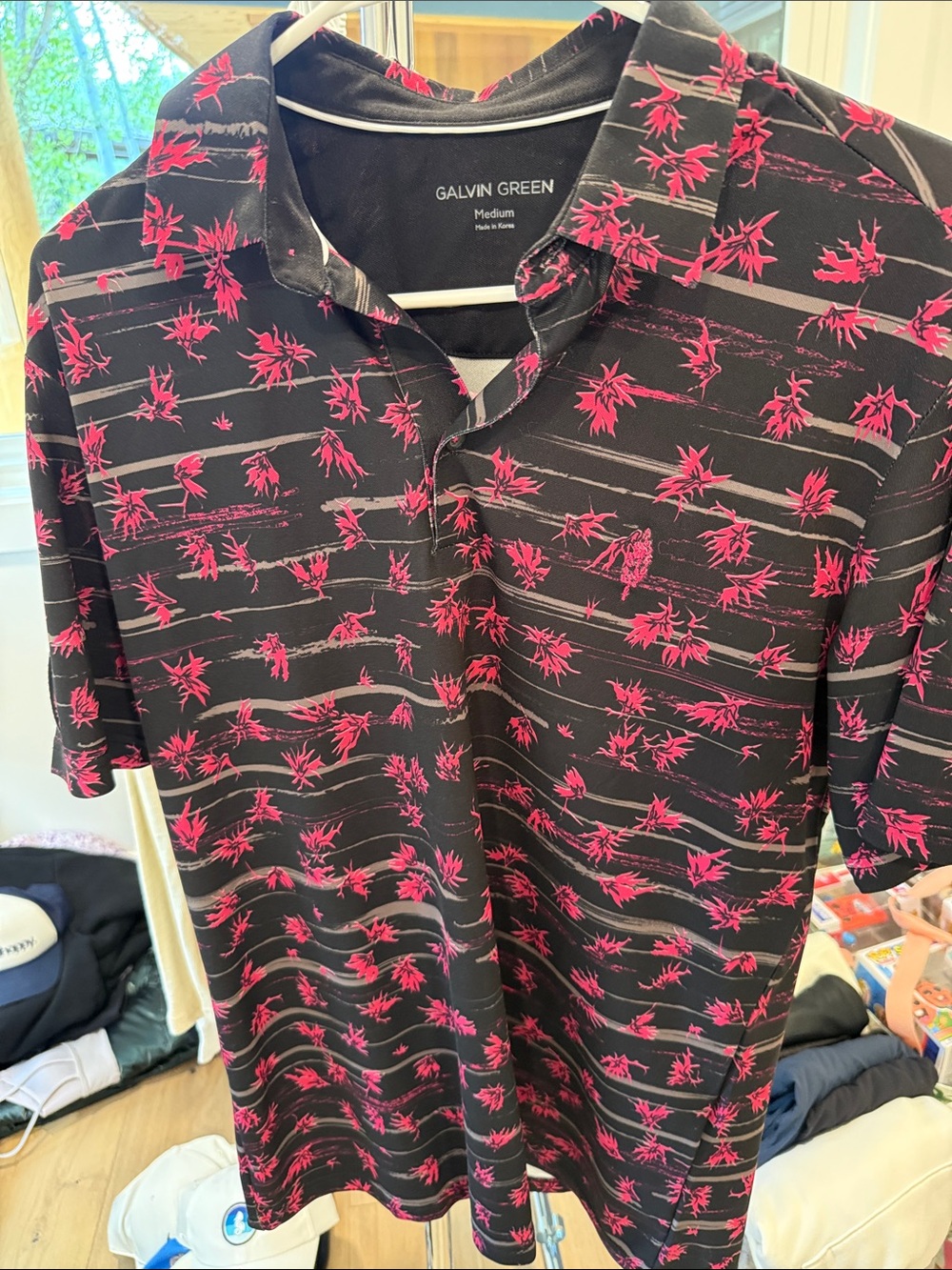 Galvin Green Men’s Black Polo with Pink Floral Pattern